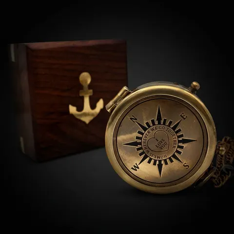 Antique Finish Compass, Wooden Box view 1