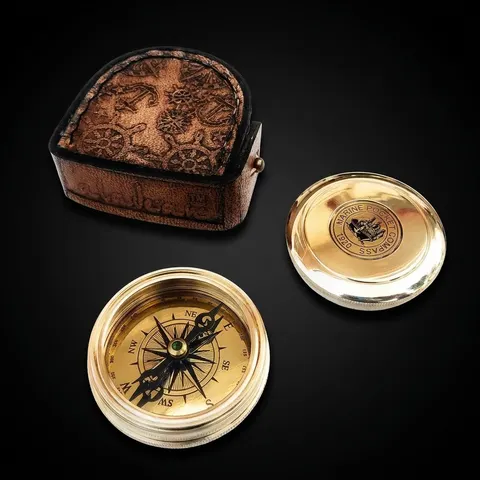 Polished Brass Compass, Leather Case view 1