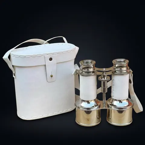 Nickel Chrome Brass Binocular with White Leather Wrap and Case view 1