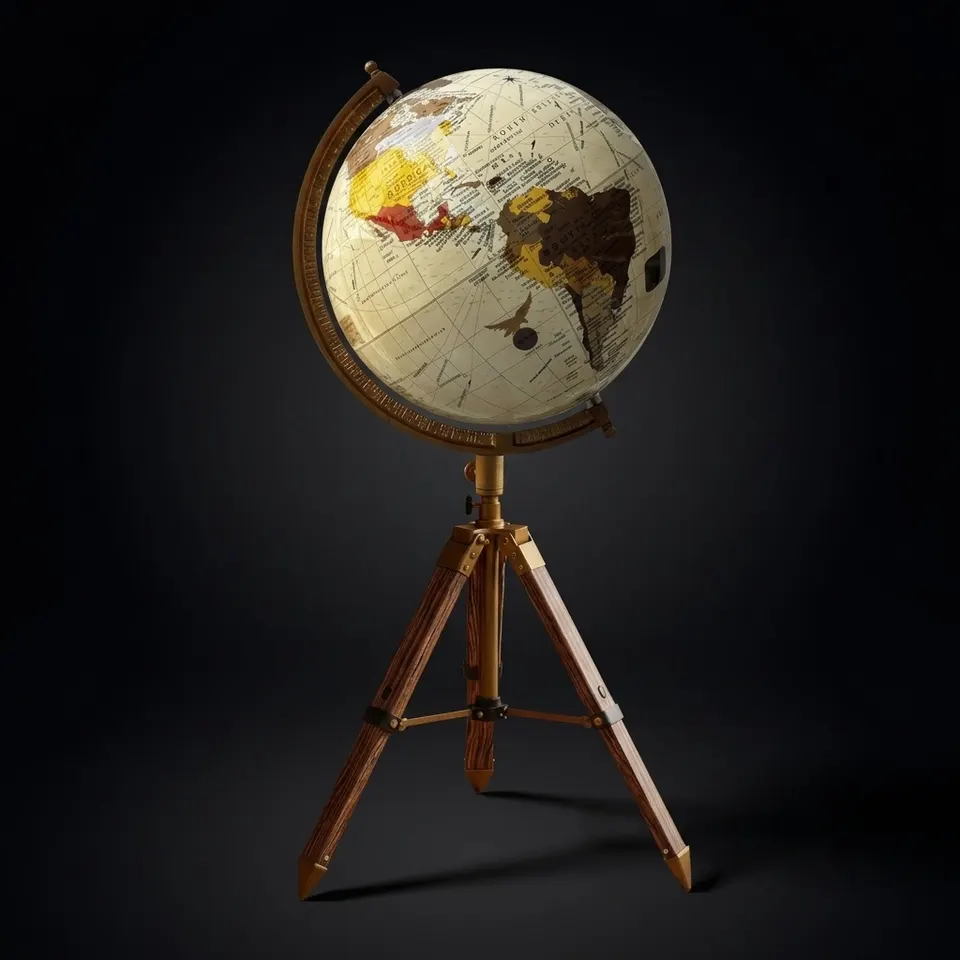 White Mapped Globe on Rosewood Tripod Stand with Antique Brass Ring