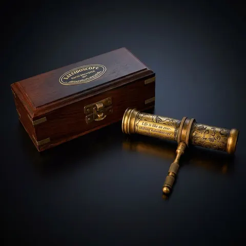Vintage Brass Kaleidoscope with Wooden Display Stand view 1