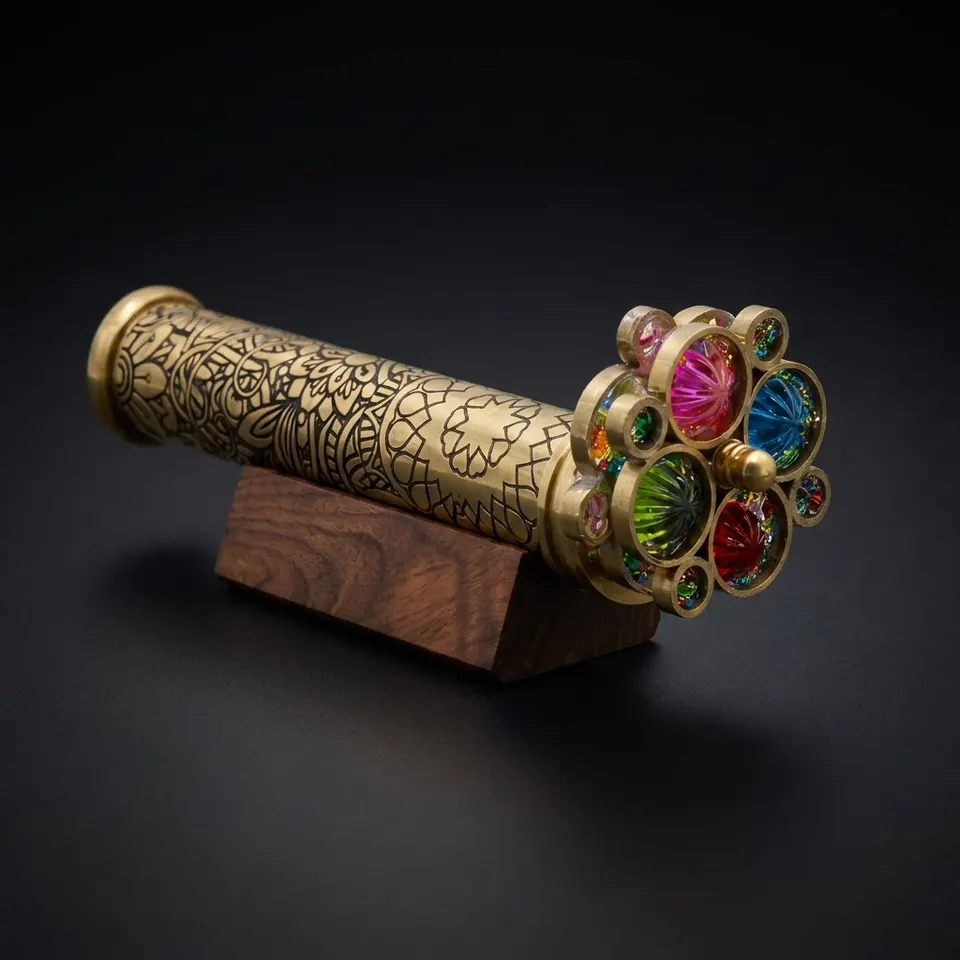 Lacquered Etched Brass Kaleidoscope with Two Turning Wheels