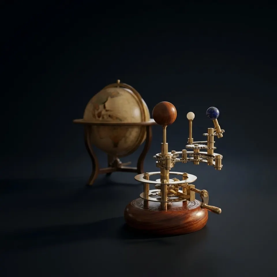 Brass Orrery with Glass Marble Planets, Compact