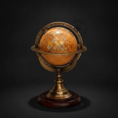 Brass Armillary Globe with Orangish World Map on Rosewood Base view 1