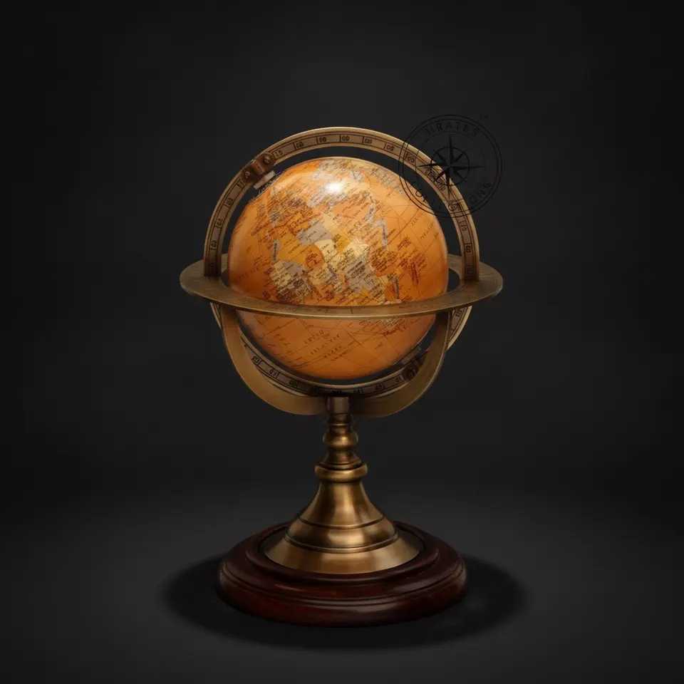 Brass Armillary Globe with Orangish World Map on Rosewood Base