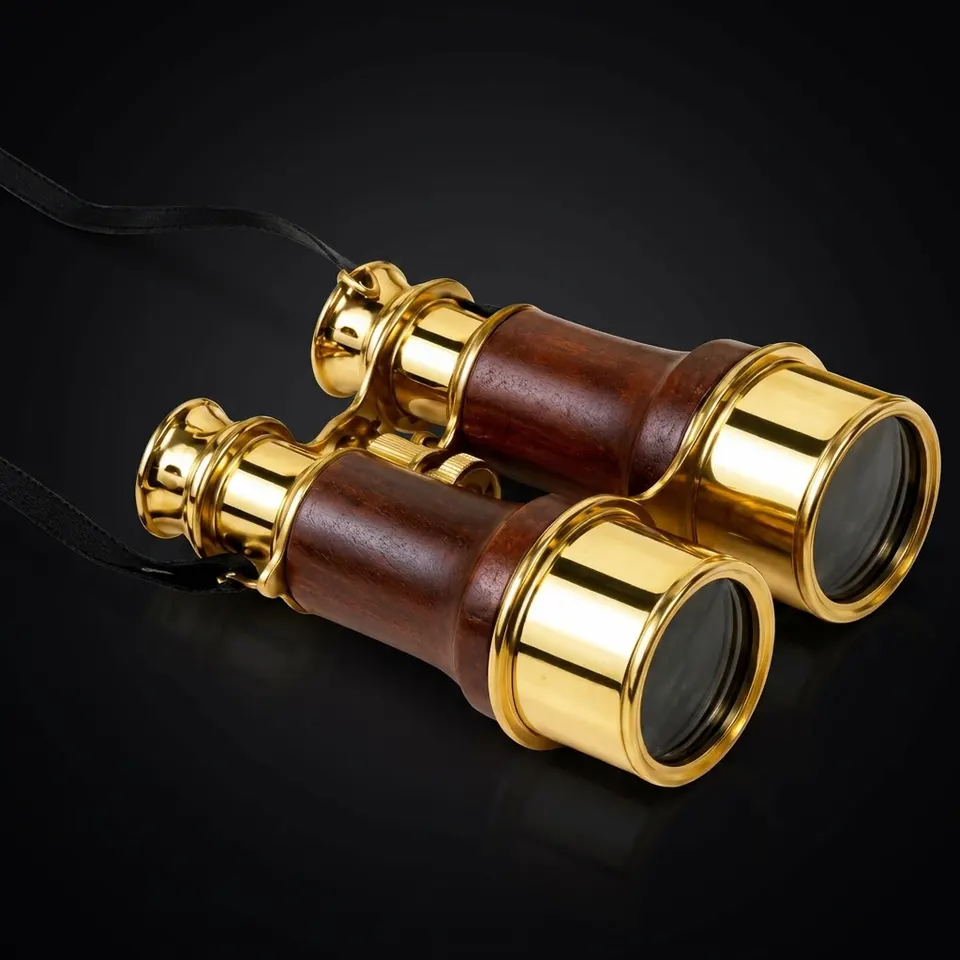 Polished Brass Binocular with Dark Brown Leather Wrap and Case view 1