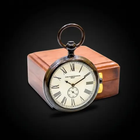 Brass Pocket Watch with Chain and Wooden Box view 1