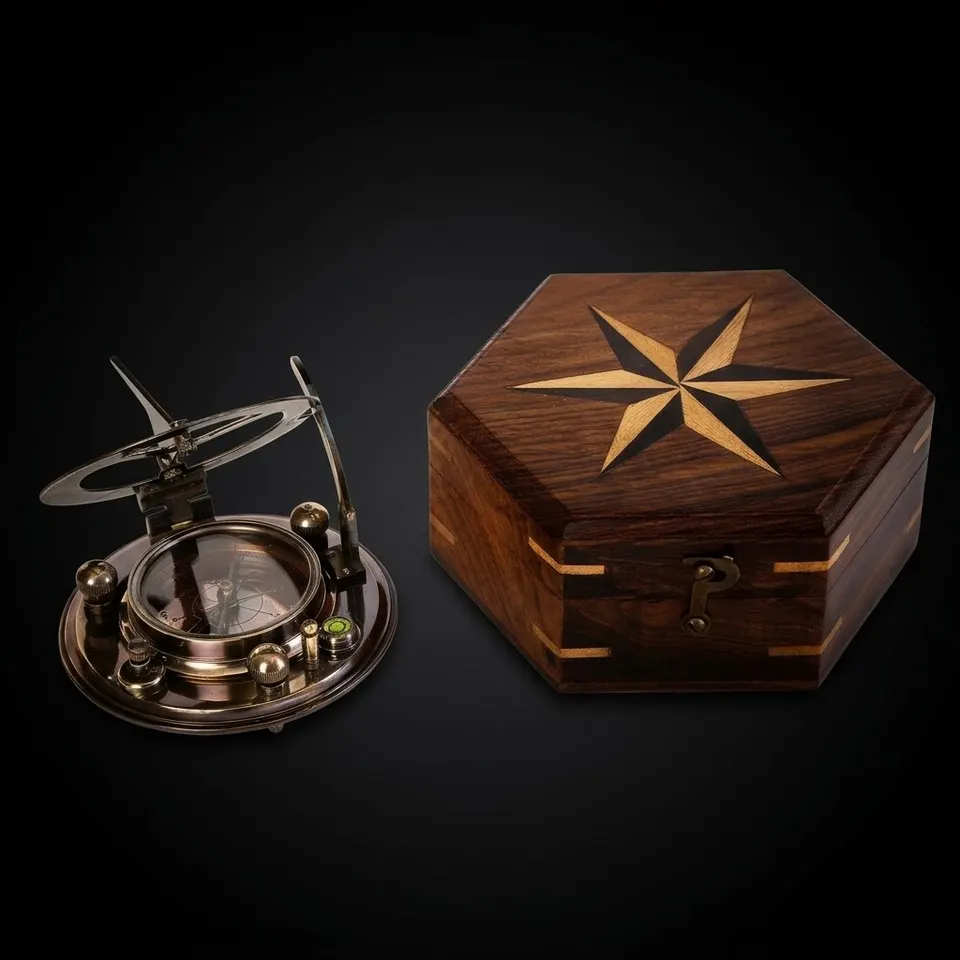 Black Antique Brass Sundial Compass with Hexagonal Wooden Presentation Box view 1