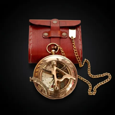 Antique Brass Sundial Compass with Red Leather Case view 1
