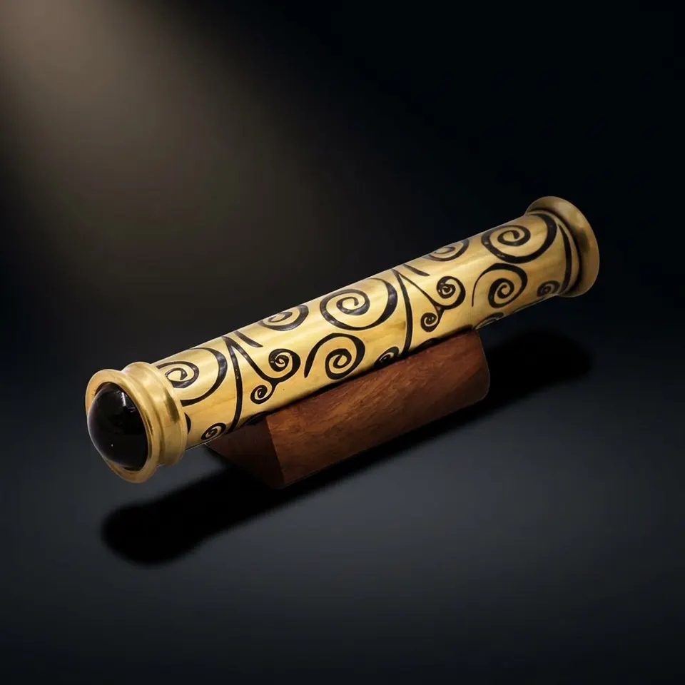 Tribal Etched Brass Teleidoscope with Wooden Stand