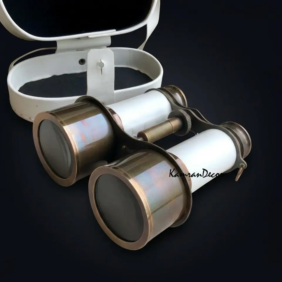 Antique Brass Binocular with White Leather Wrap and Case view 1