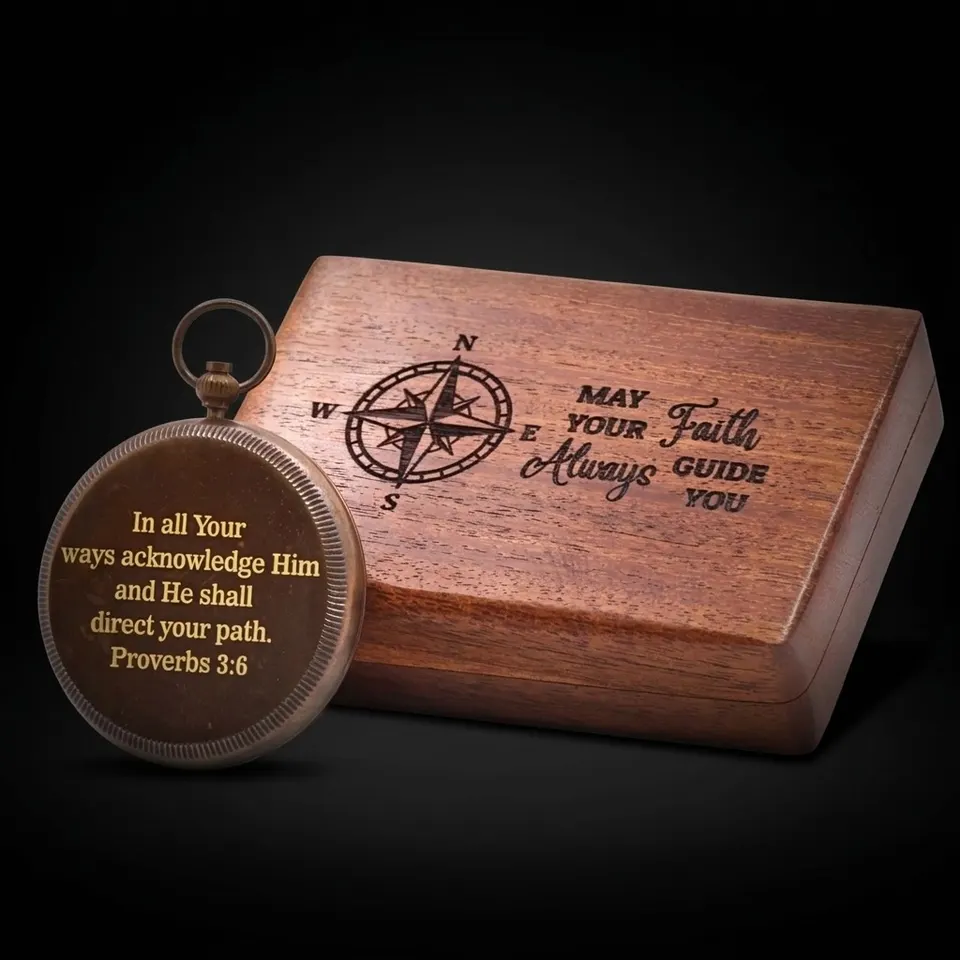 Proverbs 3:5-6 Compass, Wooden Box