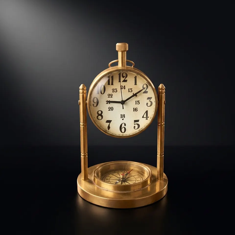 Brass Desk Clock with Working Compass, Victoria London Dial