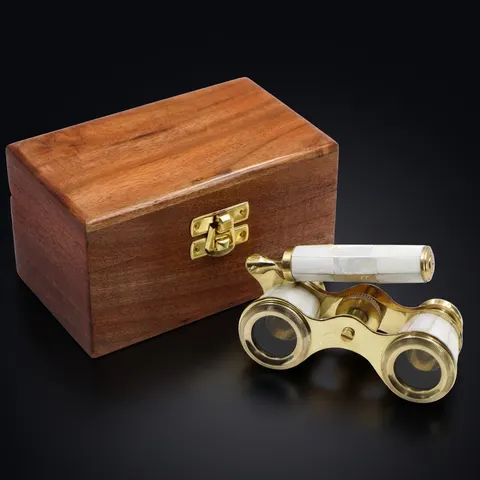 Brass Opera Glasses with Wooden Box — White Pearl view 1