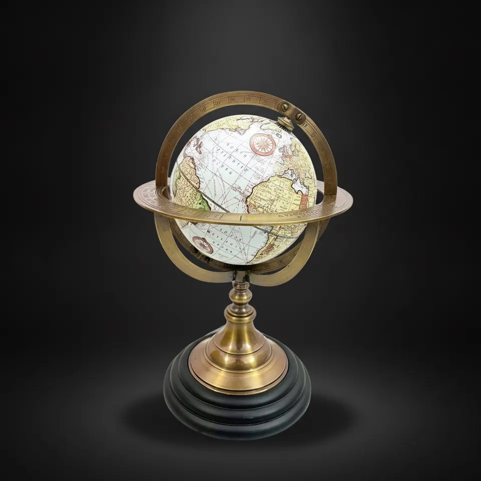 Zodiac Armillary Globe with White World Map on Rosewood Base
