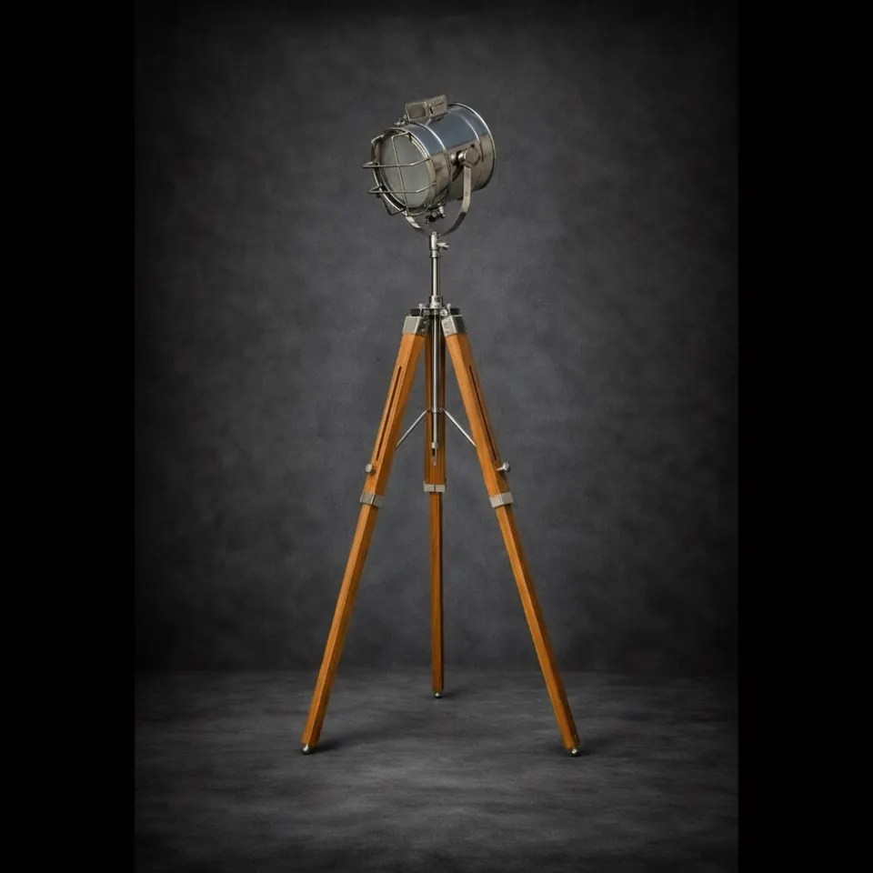 Chrome Spotlight on Wooden Tripod
