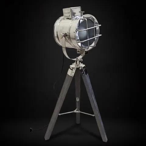 Chrome Spotlight on Grey Wooden Tripod view 1