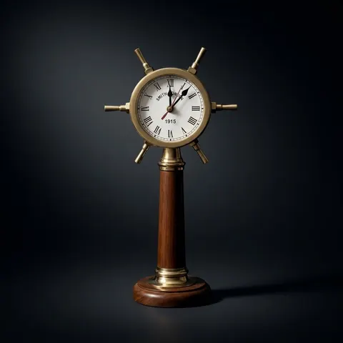 Ship Wheel Inspired Brass Desk Clock view 1
