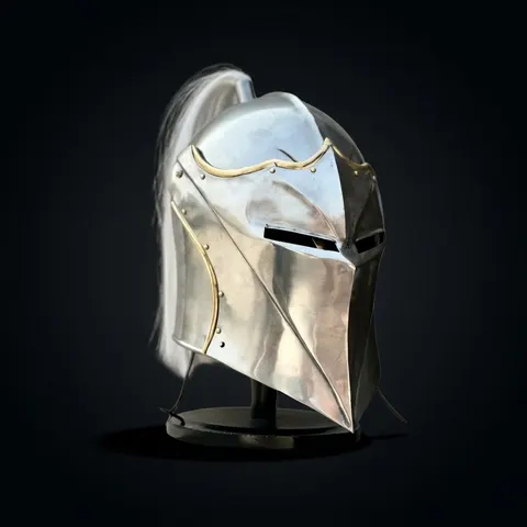 Gothic Knight Helmet — Steel Visor with Plume and Brass view 1