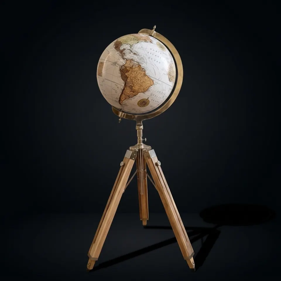 White Globe with Adjustable Wooden Tripod Stand and Chrome Nickel Brass Finish