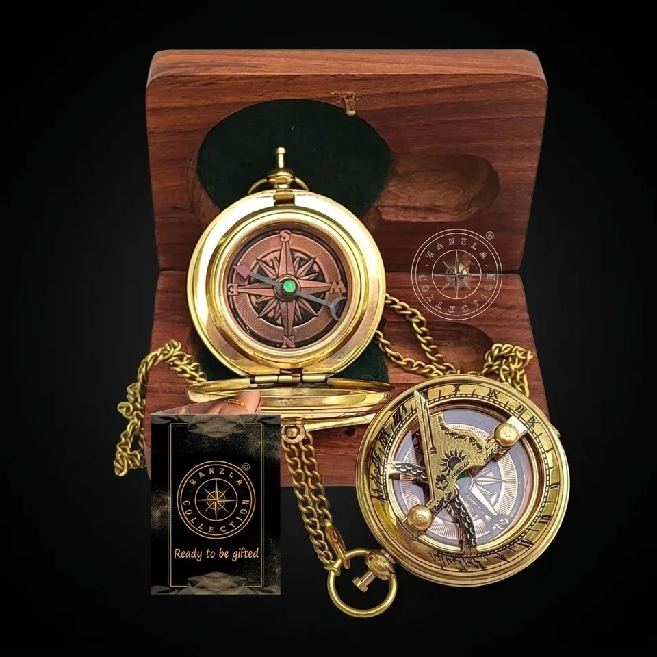 Polished Brass Sundial Compass with Fitted Wooden Presentation Box view 1
