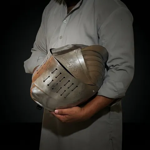 Engraved Medieval Helmet — Gothic Knight Close Armor view 1