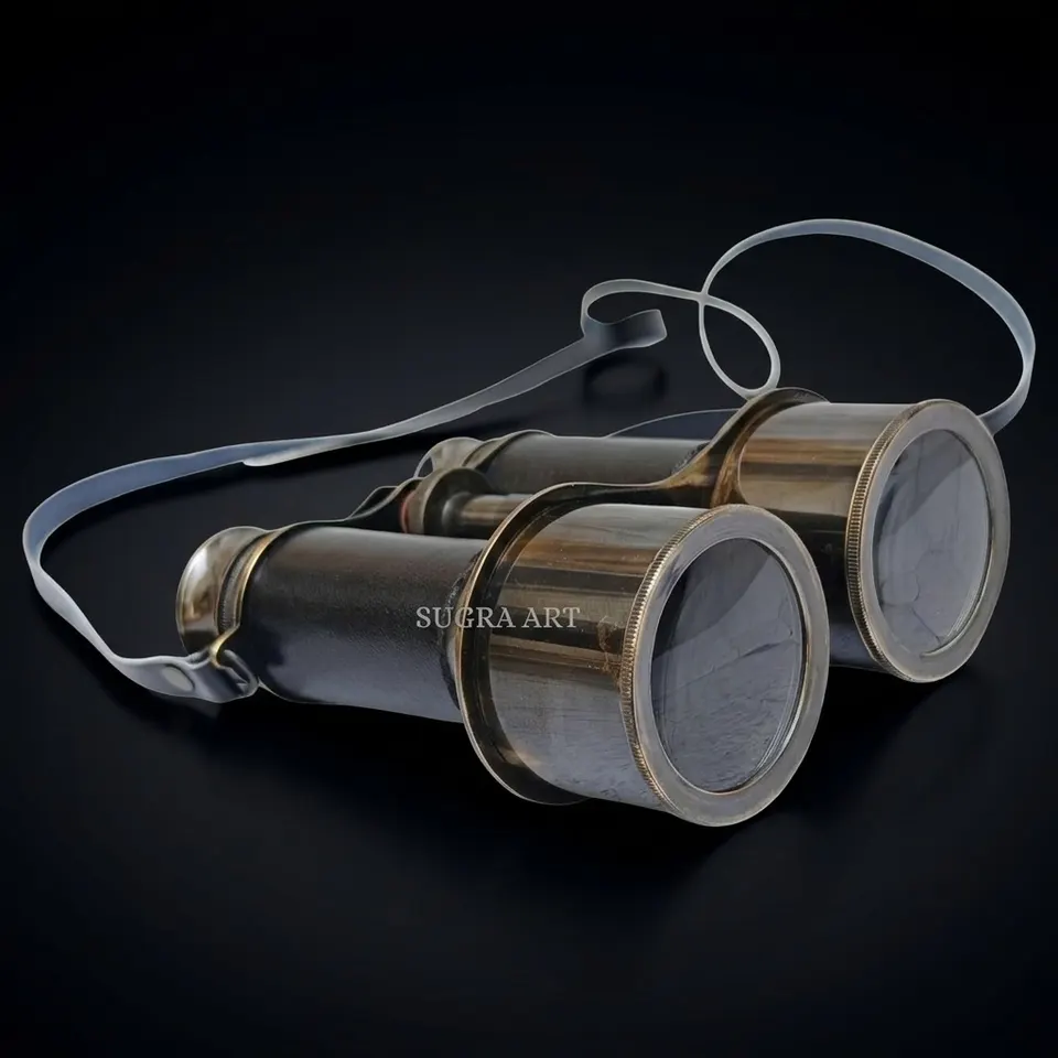 Antique Brass Marine Binocular with Black Leather Wrap and Belt view 1