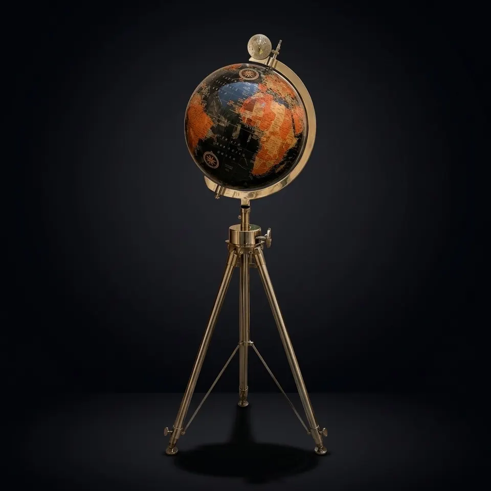 Black Ocean and Dark Brown Land Globe on All-Brass Chrome Tripod Stand