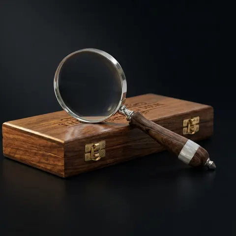 Vintage Brass Handheld Magnifier 3.5" with Wooden Handle and Wooden Box view 1