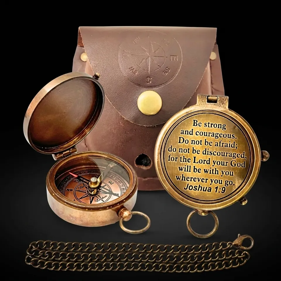 Joshua 1:9 Compass, Leather Case