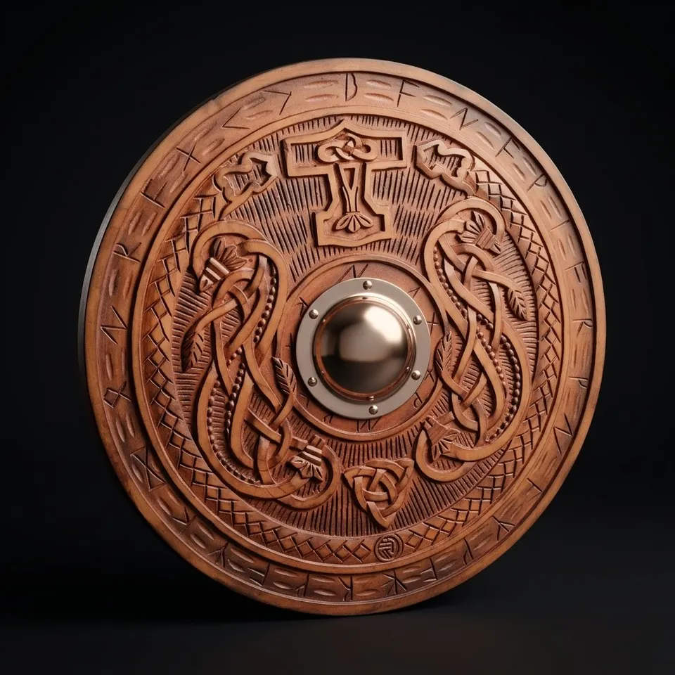 Wooden Carved Shield with Battle Ready Viking Round, Wolf Dragon