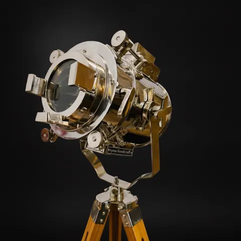 Chrome Spotlight on Wooden Tripod view 1