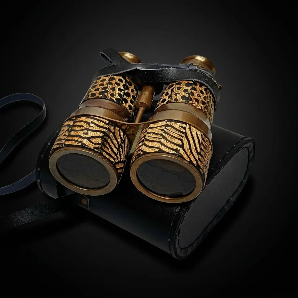 Mother-of-Pearl Brass Binocular with Black Leather Case and Belt view 1