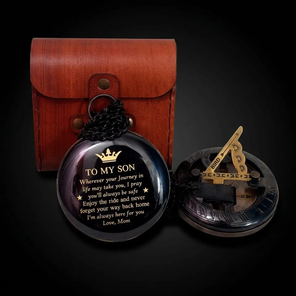Black Antique Brass Sundial Compass with Red Leather Case view 1