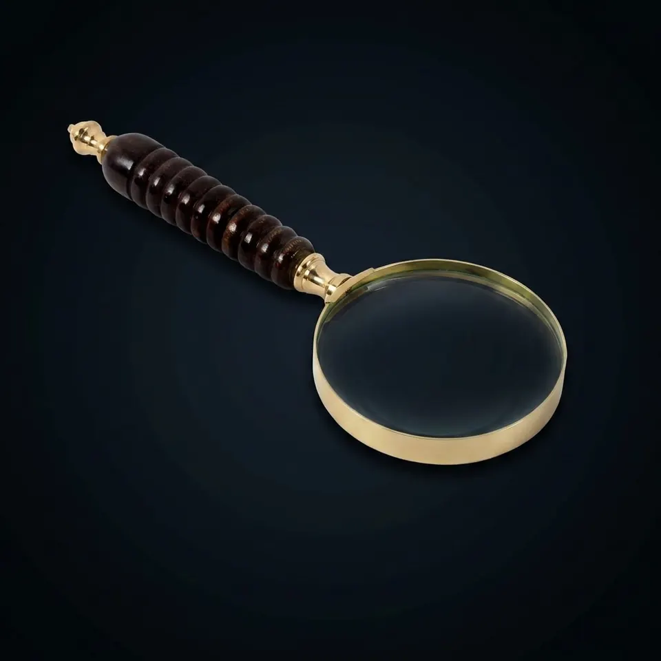 All-Brass Polished Handheld Magnifier 3.5" with Dark Brown Wooden Handle