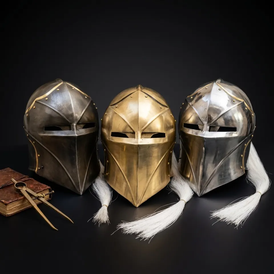 Knight Helmet — Brass Finish Open Visor Vanguard Winged