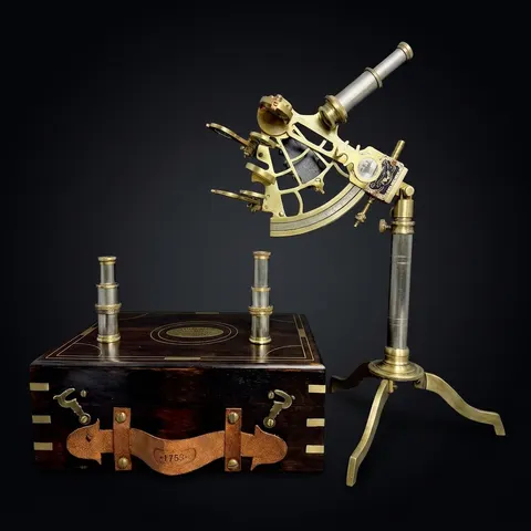 Brass Sextant with Floor Stand and Black Wooden Box view 1