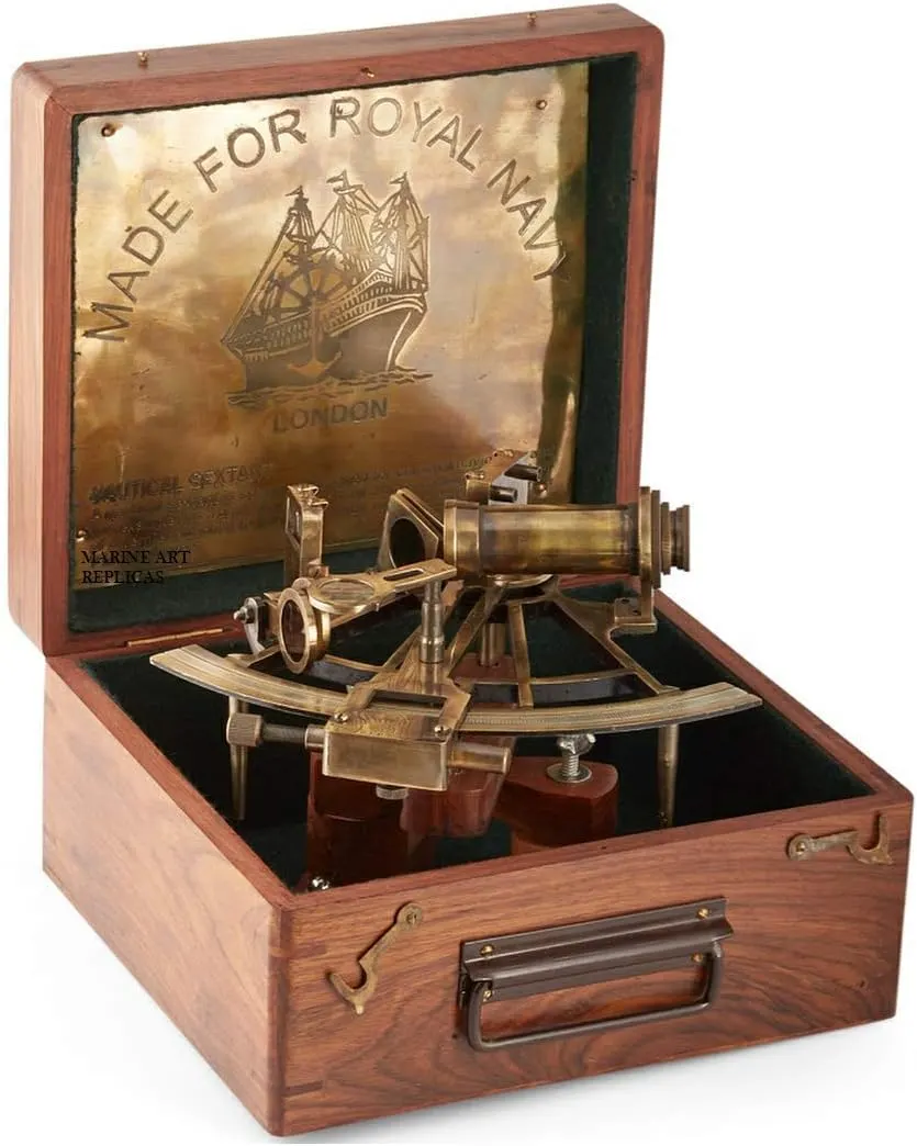 Antique Brass Marine Captain Sextant with Wooden Box