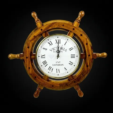 Rosewood Ship Wheel Wall Clock Brass Clock Face view 1