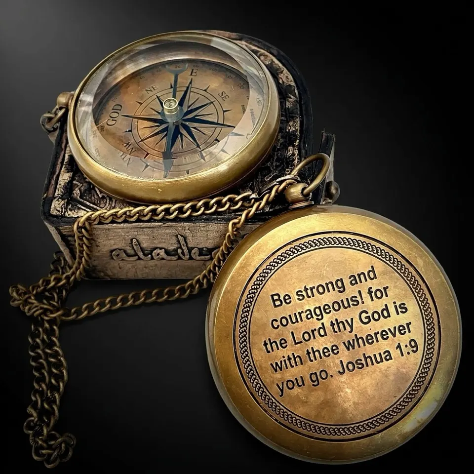 Joshua 1:9 Compass, Wooden Box