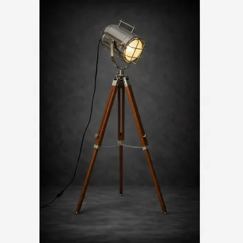 Chrome Spotlight on Wooden Tripod view 1