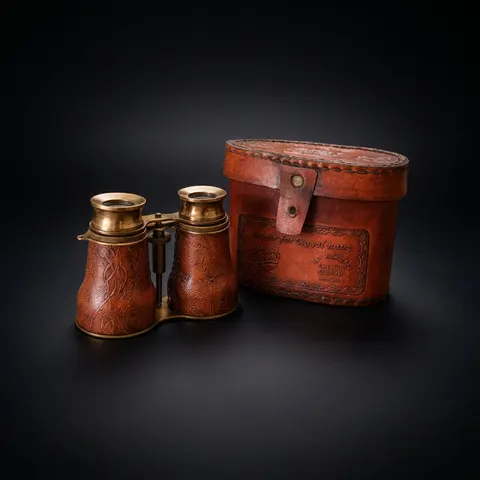 Leather Wrapped Brass Binocular with Matching Leather Case view 1