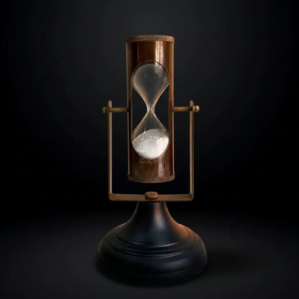 Antique Brass Hourglass with Dual Compasses and Black Wood Base, 3-Minute view 1