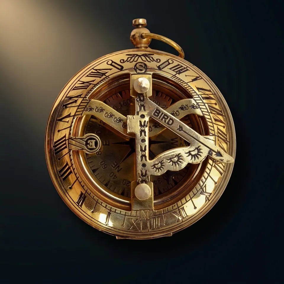 Polished Brass Sundial Compass with Fitted Wooden Presentation Box view 1