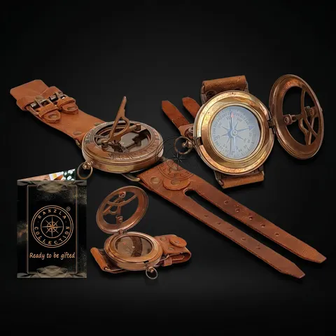 Brass Wrist Sundial Compass with Leather Strap view 1