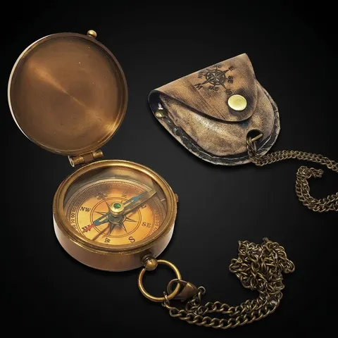 Antique Finish Compass, Leather Case view 1