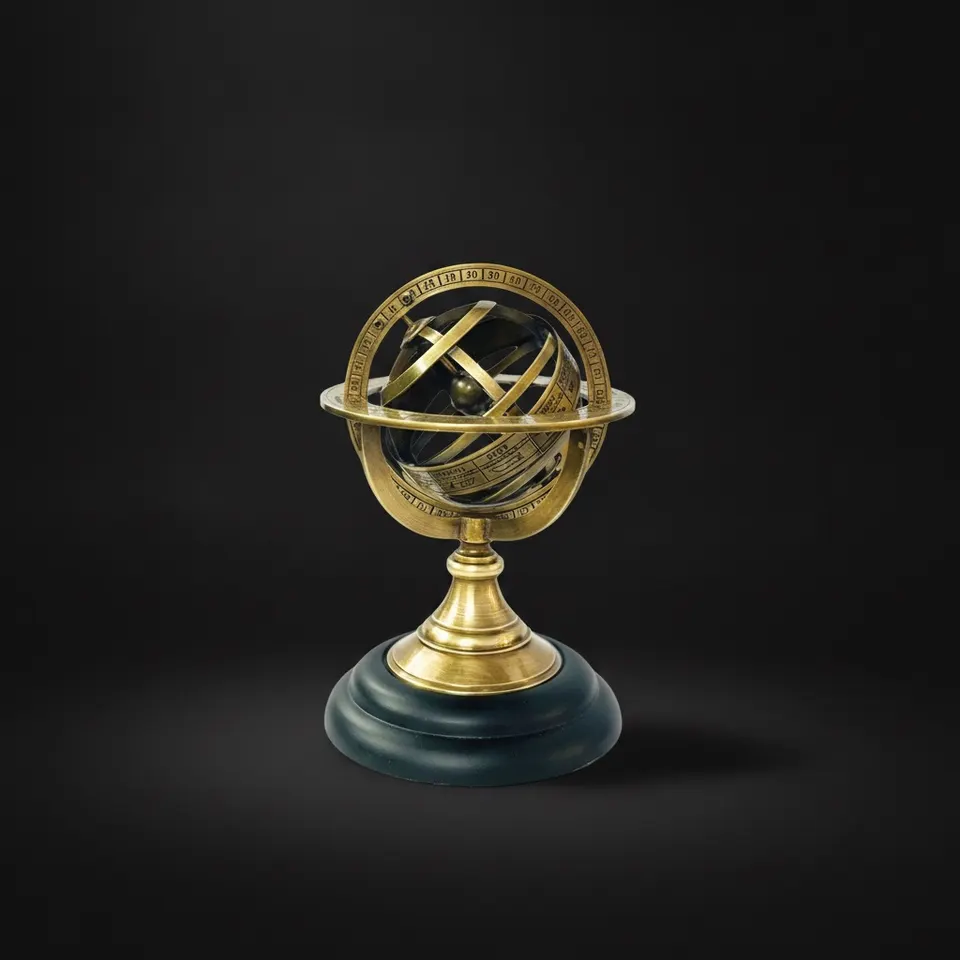 Handmade Brass Armillary Sphere on Black Wooden Base view 1