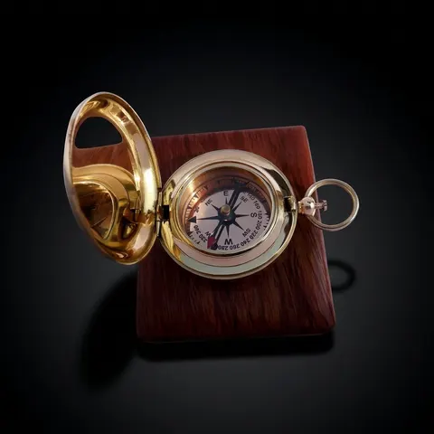 Antique Finish Compass, Wooden Box view 1