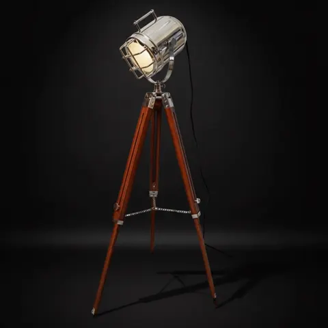 Chrome Spotlight on Wooden Tripod view 1