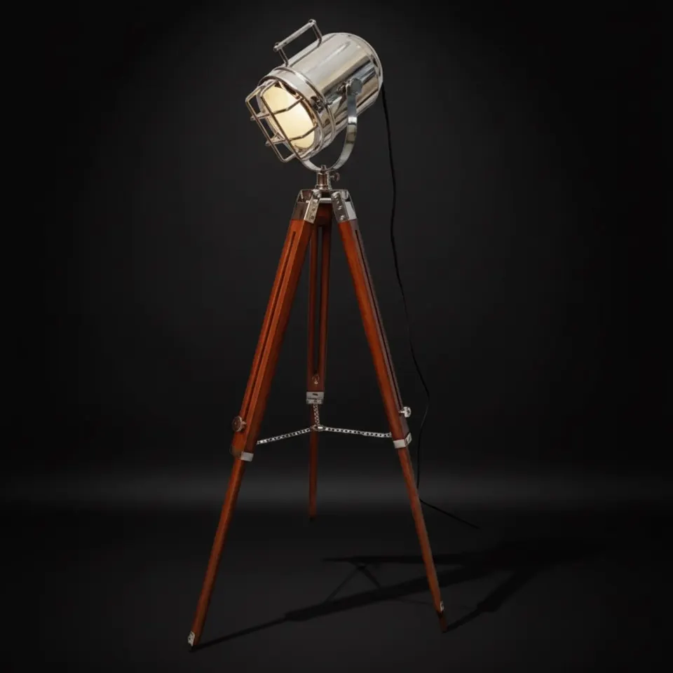 Chrome Spotlight on Wooden Tripod